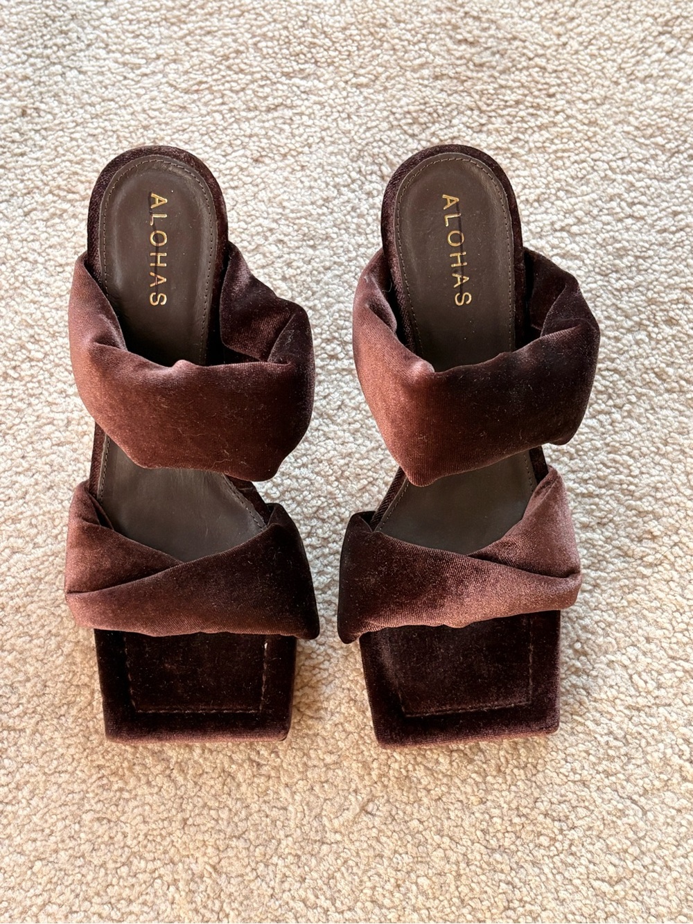 ALOHA S Brown Velvet Twist Double-Band Slide Mules